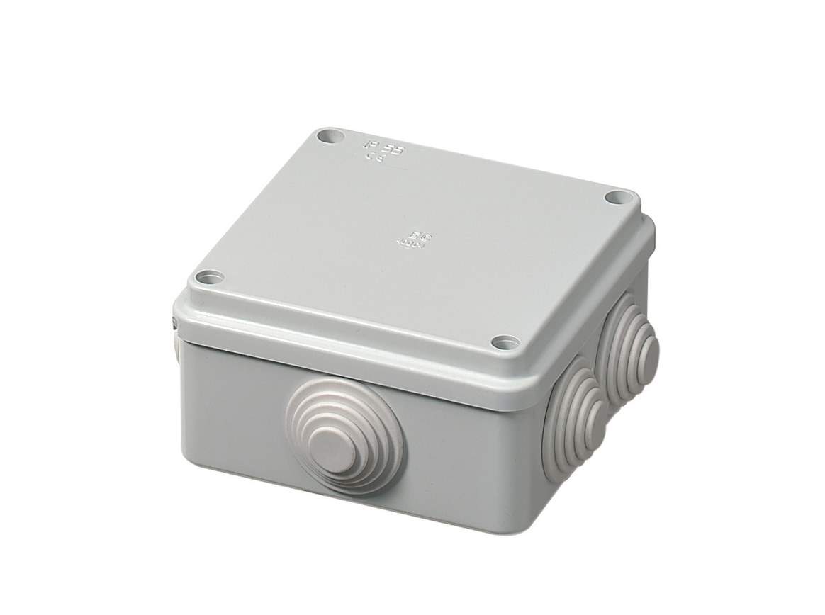 Doza, Cutie de Derivatie, Patrata 100x100x50mm, Montaj Aplicat, Cu 6 Intrari, Montarea Capacului ( Cu Suruburi), Autostingere, Halogen Free, IP55, Gri, 400V, EC400C4 Elettrocanali Italia