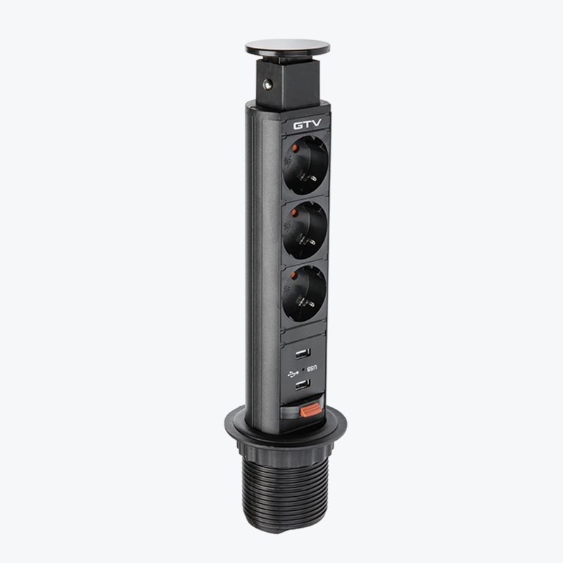 Priză incastrabilă în mobilier 3 prize + 2 USB 5V 2.1A negru cablu 1.5