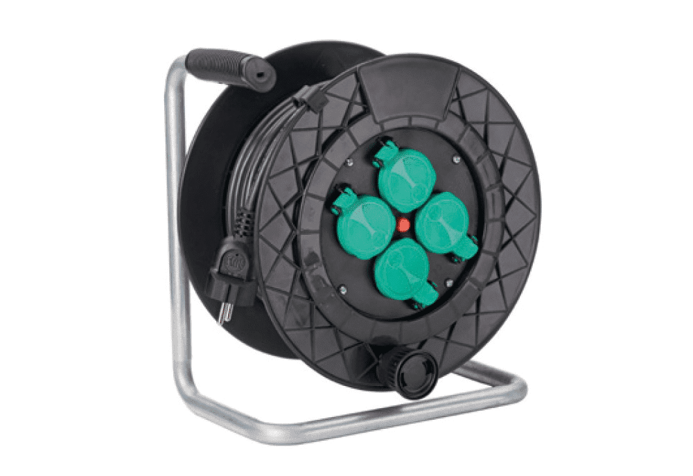 Prelungitor pe tambur 50M, Disc din Plastic Ø320mm, Cablul 3 x 1, 5 mm² H05VV-F, Discul Central Ø145mm Cu 4 Prize Schuko 2P+E, 16A, IP44, Max 3100W, Cu Capac, Cu Termosiguranta, Fanton Italia