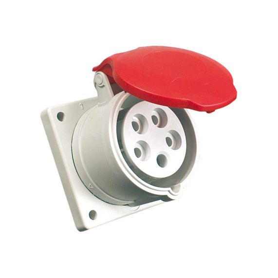 Priza industriala dreapta, IP44, 3P+E, 32A, Montaj Incastrat, AC 380-415V, 6h, Gri / Rosu, 90x100 mm, Fanton