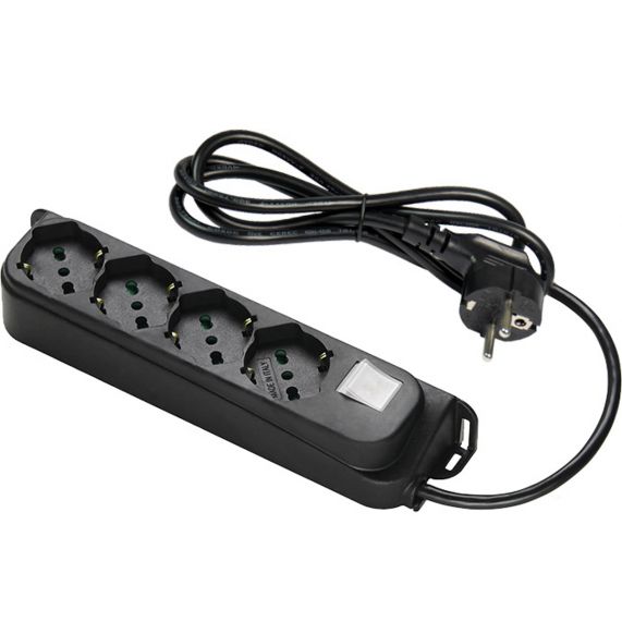 Prelungitor 4 prize, Standart Italian P40 (dual-size) / Schuko, 2P+E, 10/16A, Cablu 1.5m, 3G1 H05VV-F, Intrerupator LED, Negru, Linia OMEGA, Fanton Italia