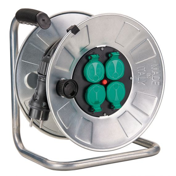 Prelungitor pe tambur 40M, Disc Otel Zincat Ø320mm, Cablul 3 x 2, 5 mm² H07RN-F, Discul Central Ø205mm Cu Fisa si 4 Prize Schuko 2P+E, 16A, IP44, Max 3400W, Cu Capac, Cu Termosiguranta, Fanton Italia