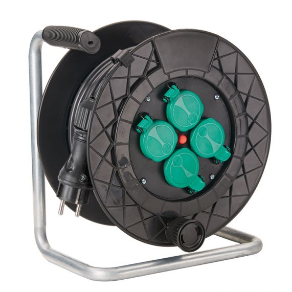 Prelungitor pe tambur 25M, Disc din Plastic Ø260mm, Cablul 3 x 1, 5 mm² H07RN-F, Discul Central Ø145mm Cu 4 Prize Schuko 2P+E, 16A, IP44, Max 3400W, Cu Capac, Cu Termosiguranta, Fanton Italia