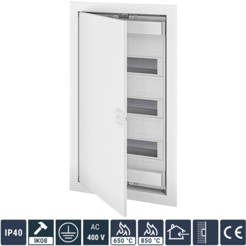 Tablou 36+6 Module, Neechipat, Montaj Incastrat, Usa Metal Mata Alba, 592 x 346 x 94mm, IP40, Class I, In63A, AC400V