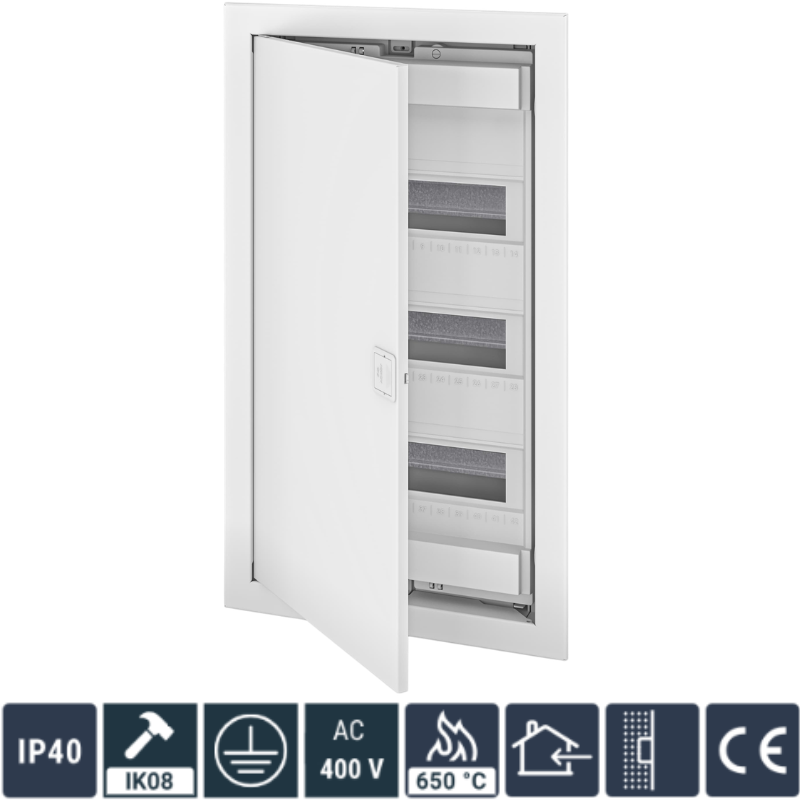 Tablou 36+6 Module, Neechipat, (Cofret)  Montaj Incastrat, Usa Metal Mata Alba, 592 x 346 x 94mm, IP40, Class I, In63A, AC400V