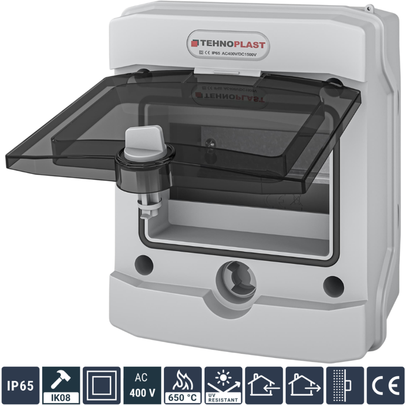 Tablou 6 Module, N6D Tehnoplast, Neechipat, Montaj Aplicat, Gri, Usa Plastic Transparent Colorat, 201 x 165 x 120mm, IP65, Class II, In63A, AC400V, DC1500V