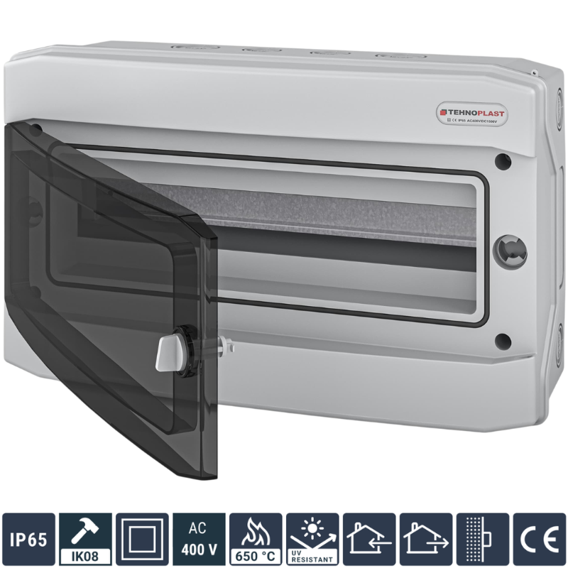 Tablou 18 Module, Neechipat, Montaj Aplicat, Gri, Usa Plastic Transparent Colorat, 259 x428x144mm, IP65, Class II, In63A, AC400V, DC1500V N18D Tehnoplast