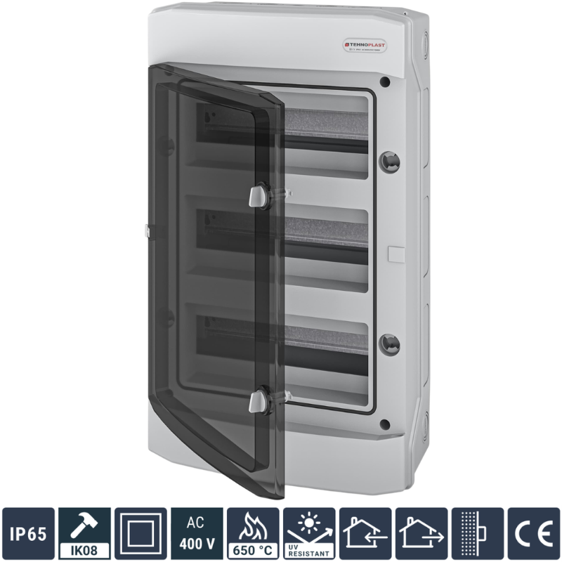 Tablou Electric 36 Module, 534 x 319 x 144mm Montaj Aplicat IP65 Exterior, Usa Plastic Transparent 63A 400V AC 1500V DC, Gri TEHNOPLAST