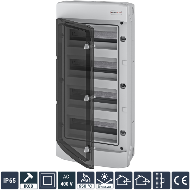 Tablou Electric 48 Module, 664 x 319 x 144mm Montaj Aplicat IP65 Exterior, Usa Plastic Transparent 63A 400V AC 1500V DC, Gri TEHNOPLAST