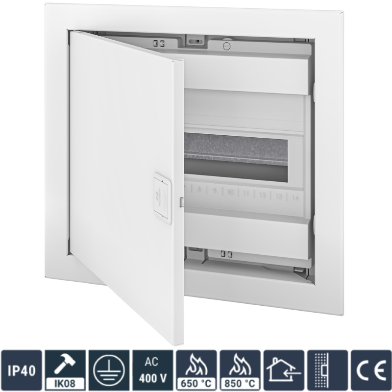 Tablou Electric 12+2 module, Neechipat, Montaj Incastrat, Alb, Usa Metal Mata Alba, 317 x 346 x 96mm, IP40, In63A, AC400V
