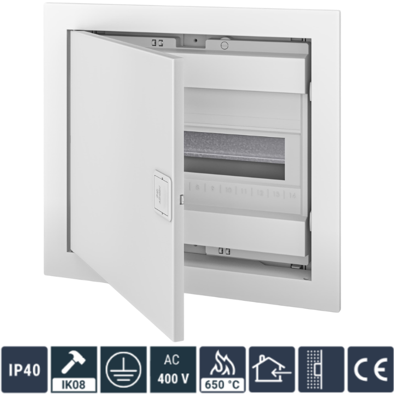 Tablou Electric 12+2 module, (Cofret) Neechipat, Montaj Incastrat, Alb, Usa Metal Mata Alba, 317 x 346 x 96mm, IP40, In63A, AC400V