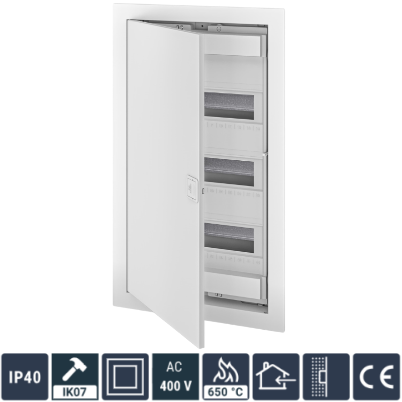 Tablou Electric 36+6 module, (Cofret) Neechipat, Montaj Incastrat, Alb, Usa Plastic Mat Alba, 592x346x96mm, IP40, In63A, AC400V
