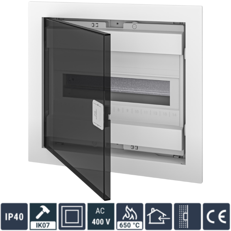 Tablou Electric 12+2 module, (Cofret) Neechipat, Montaj Incastrat, Alb, Usa Plastic Transparent, 317 x 346 x 96mm, IP40, In63A, AC400V