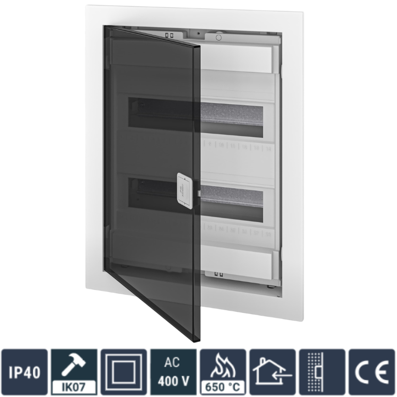 Tablou Electric 24+4 module, (Cofret) Neechipat, Montaj Incastrat, Alb, Usa Plastic Transparent, 442 x 346 x 96mm, IP40, In63A, AC400V