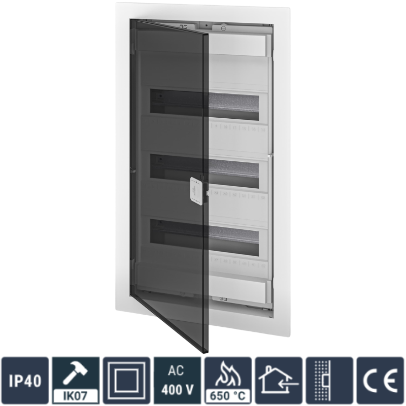 Tablou Electric 36+6 module, (Cofret) Neechipat, Montaj Incastrat, Alb, Usa Plastic Transparent, 592x346x96mm, IP40, In63A, AC400V