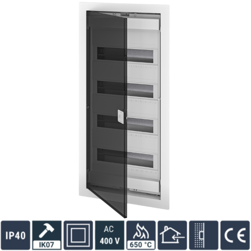 Tablou Electric 48+8 module, (Cofret) Neechipat, Montaj Incastrat, Alb, Usa Plastic Transparent, 717x346x96mm, IP40, In63A, AC400V