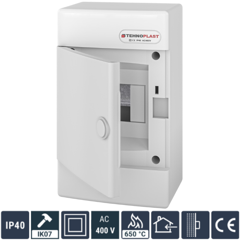 Tablou Electric 4 Module, (Cofret) Neechipat, Montaj Aplicat, Alb, Usa Plastic Alb, 236 x 143 x 97mm, IP40, Class II, In63A, AC400V