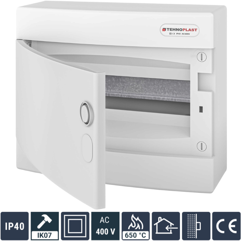 Tablou Electric 12 Module, (Cofret) Neechipat, Montaj Aplicat, Alb, Usa Plastic Alb, 236x287x112mm, IP40, Class II, In63A, AC400V