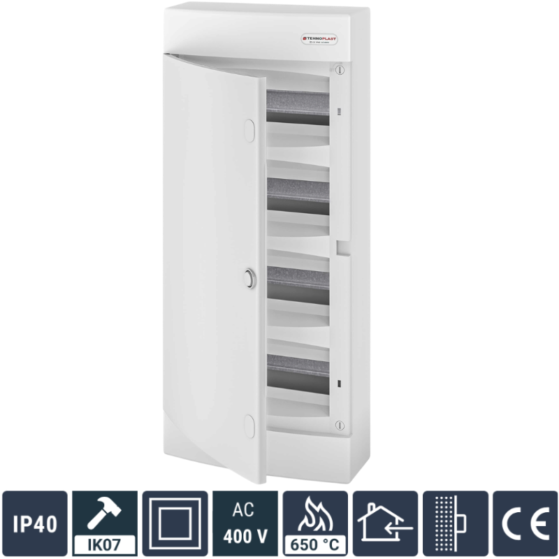 Tablou Electric 48 Module, (Cofret) Neechipat, Montaj Aplicat, Alb, Usa Plastic Alb, 651x287x112mm, IP40, Class II, In63A, AC400V